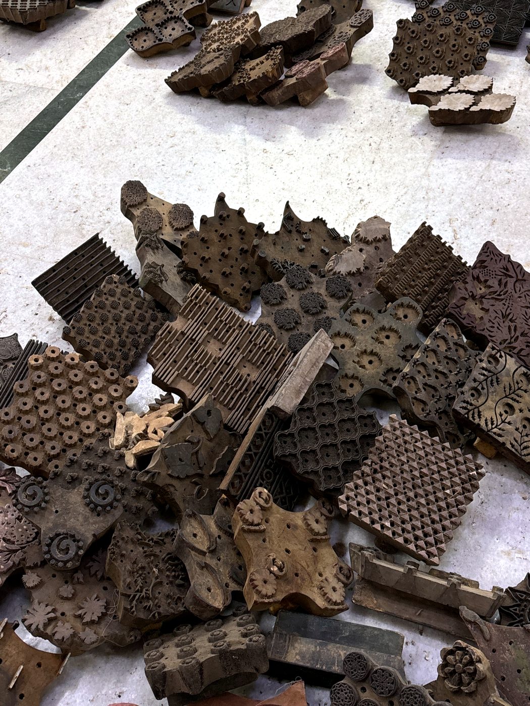 Dozens of hand-carved wooden printing blocks