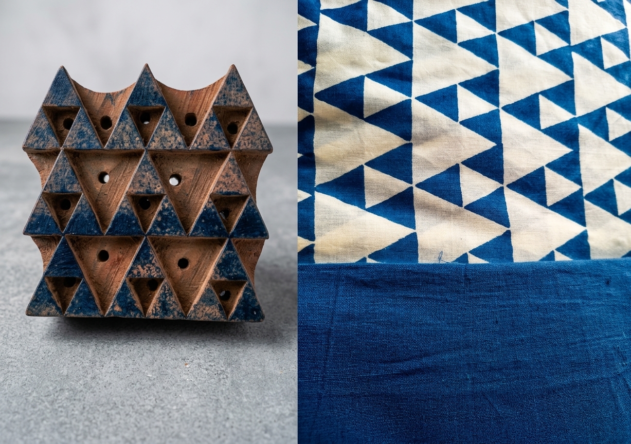 Blue and white triangle block print fabric, with the carved wooden block used to print it