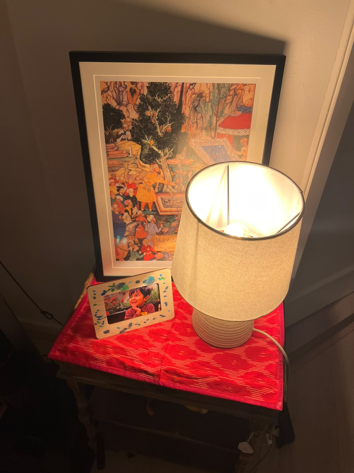 Ikat fabric styled on a sideboard at home in Amsterdam