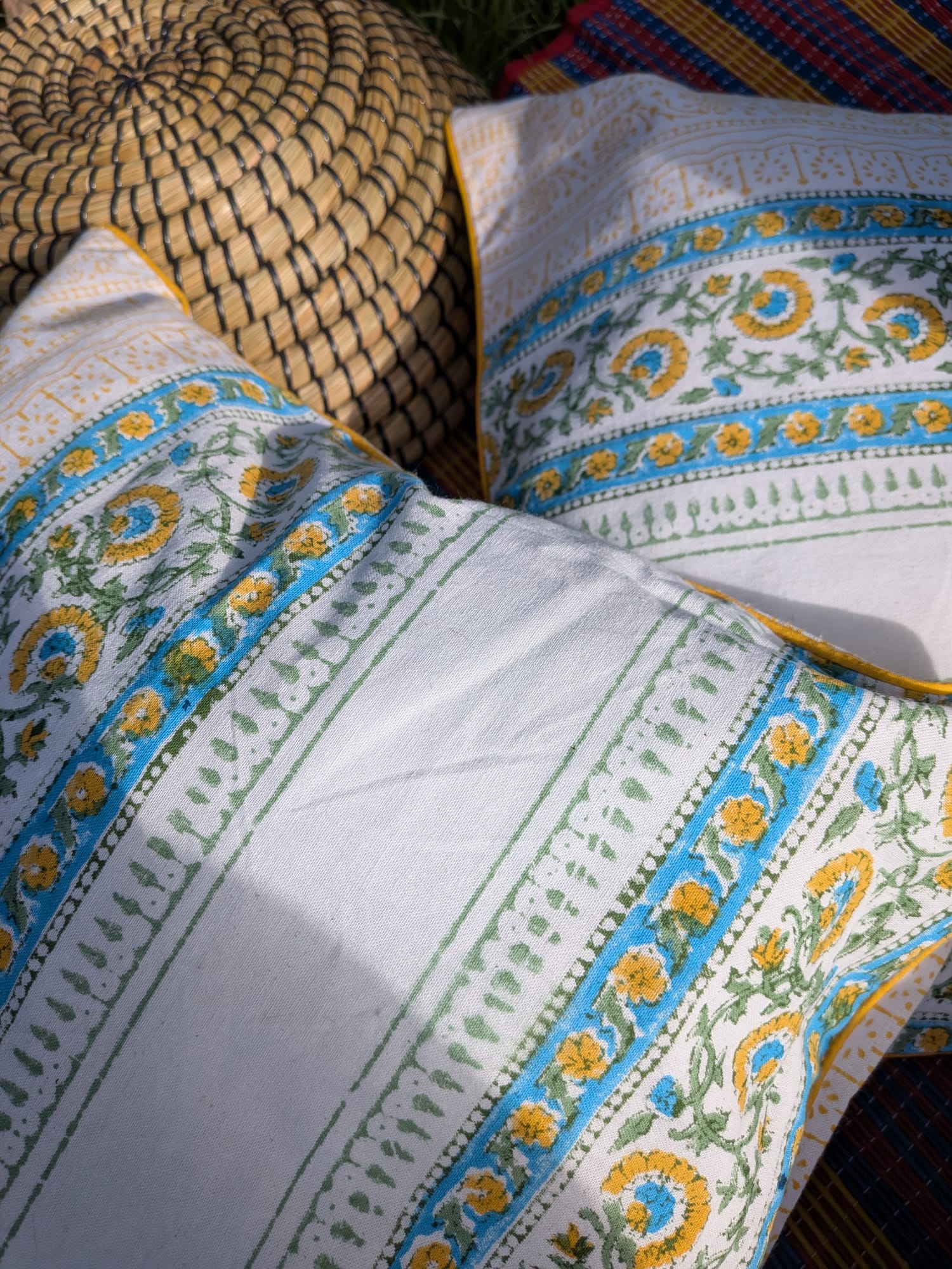 Yellow and blue hand block printed cushion cover