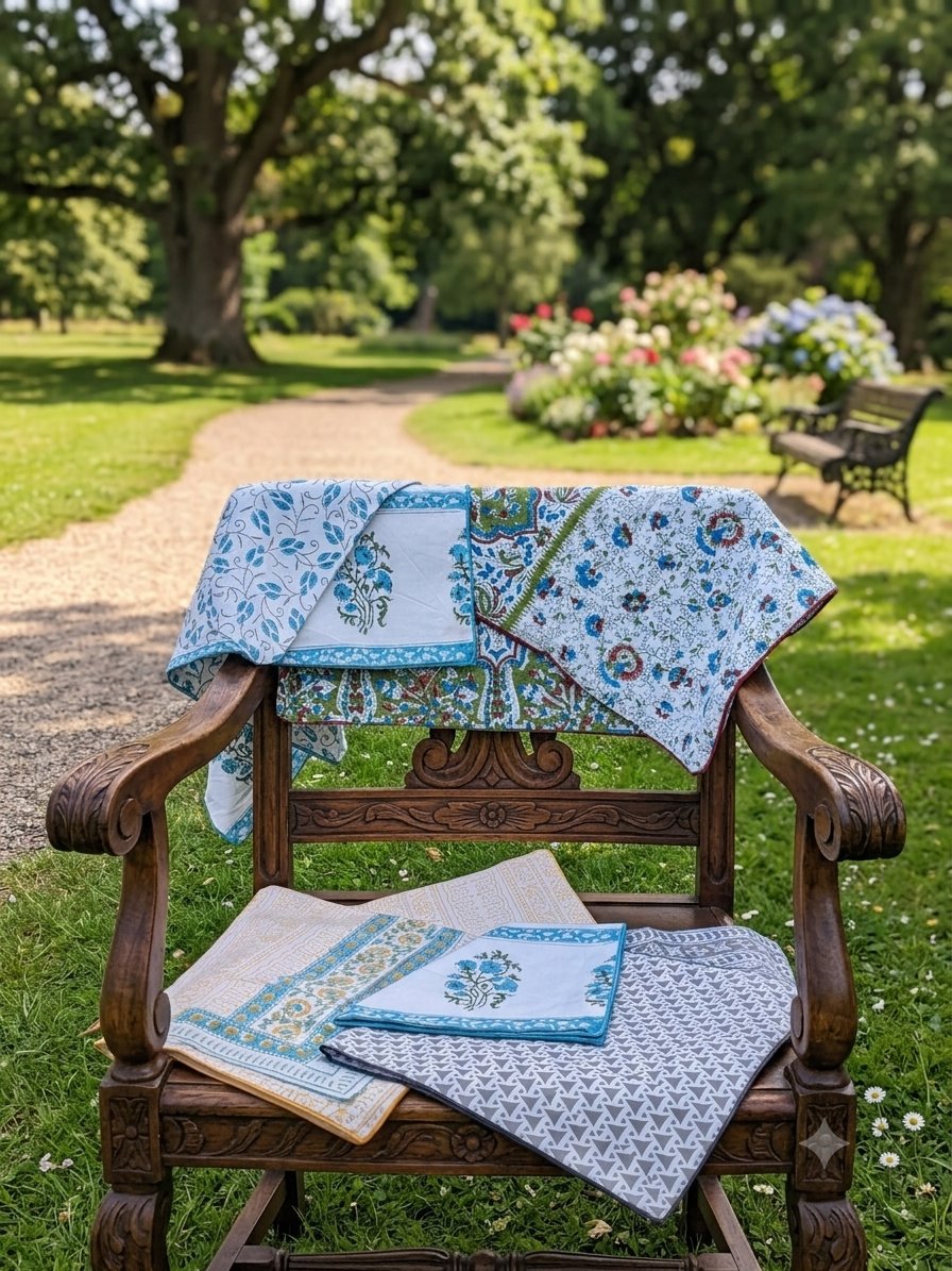 Ghar hand block printed cushion covers laid out on a garden chair