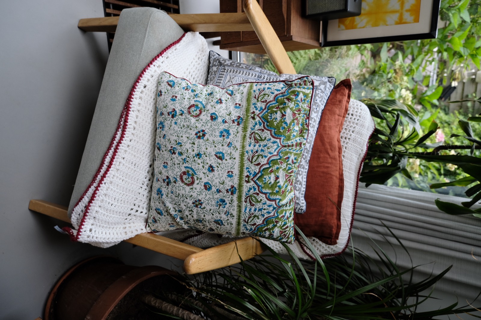 Ghar hand block printed cushion covers stacked together